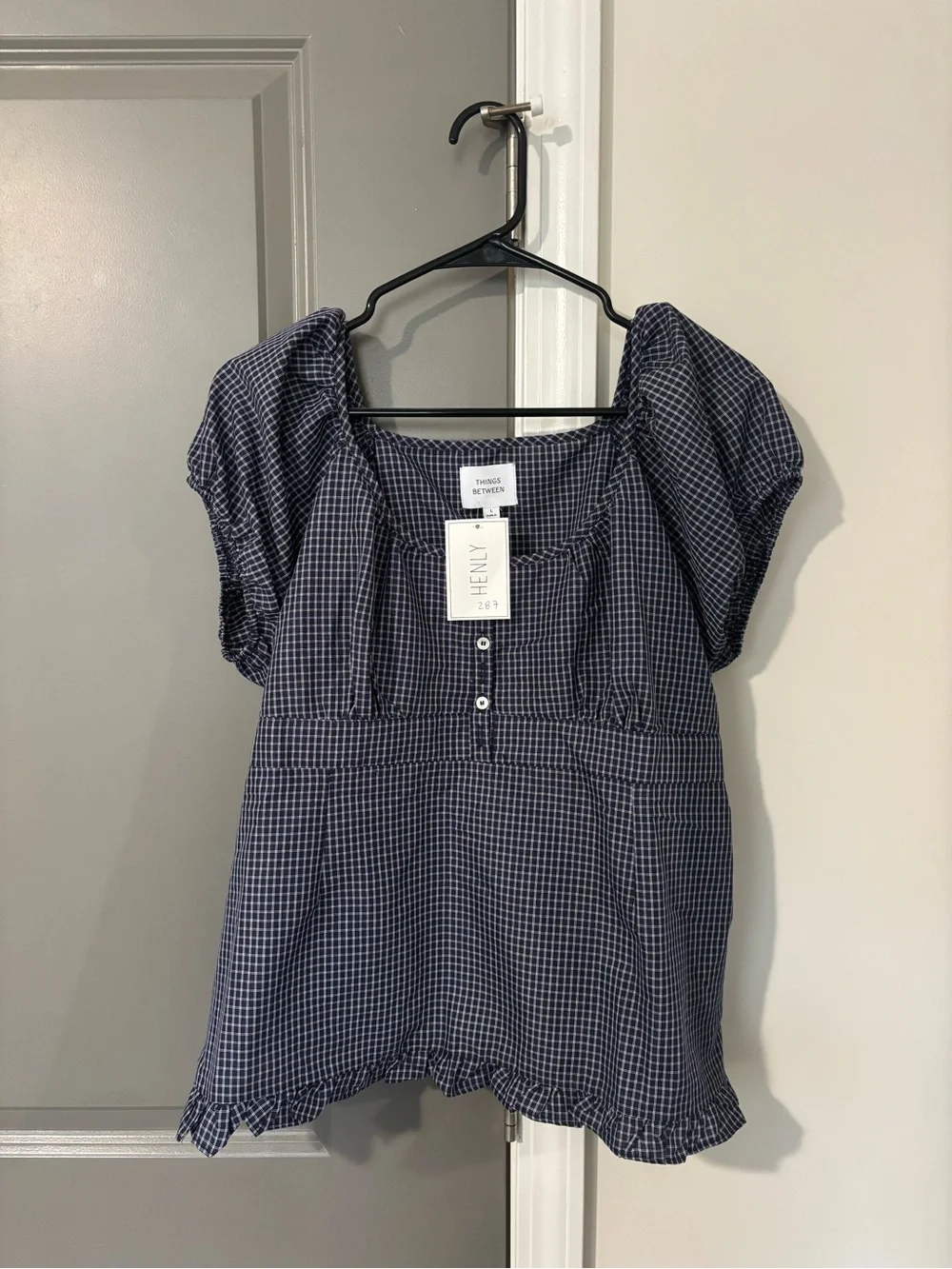 NWT Things Between Plaid Puff Sleeve Top